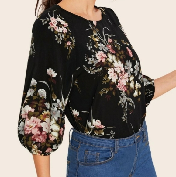 SHEIN Black & Pink Floral Raglan Sleeve Blouse - Picture 2 of 13